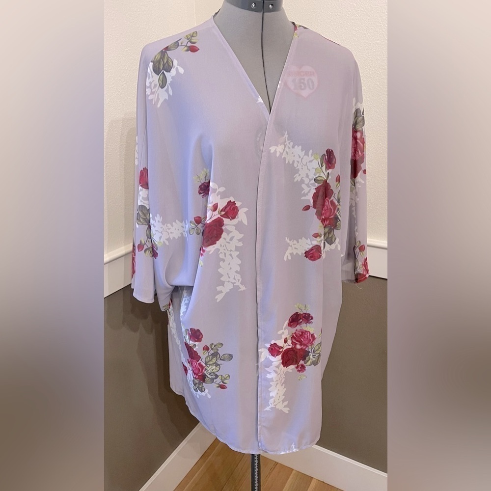 Floral Chiffon Kimono XXL Roses Lavender Sheer Swimsuit Coverup Lilac
